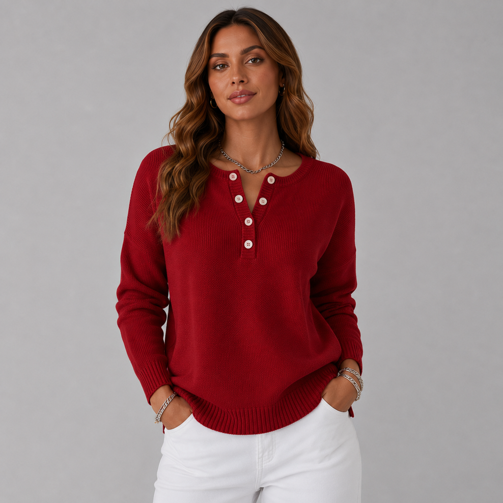Dames strickpullover met Henley-knopfausschnitt in verschillende kleuren. 4
