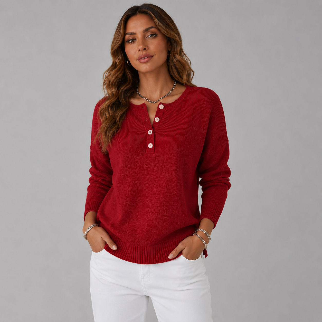Dames strickpullover met Henley-knopfausschnitt in verschillende kleuren. 5