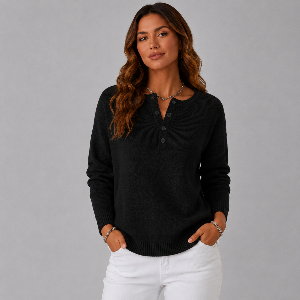 Dames strickpullover met Henley-knopfausschnitt in verschillende kleuren. 6