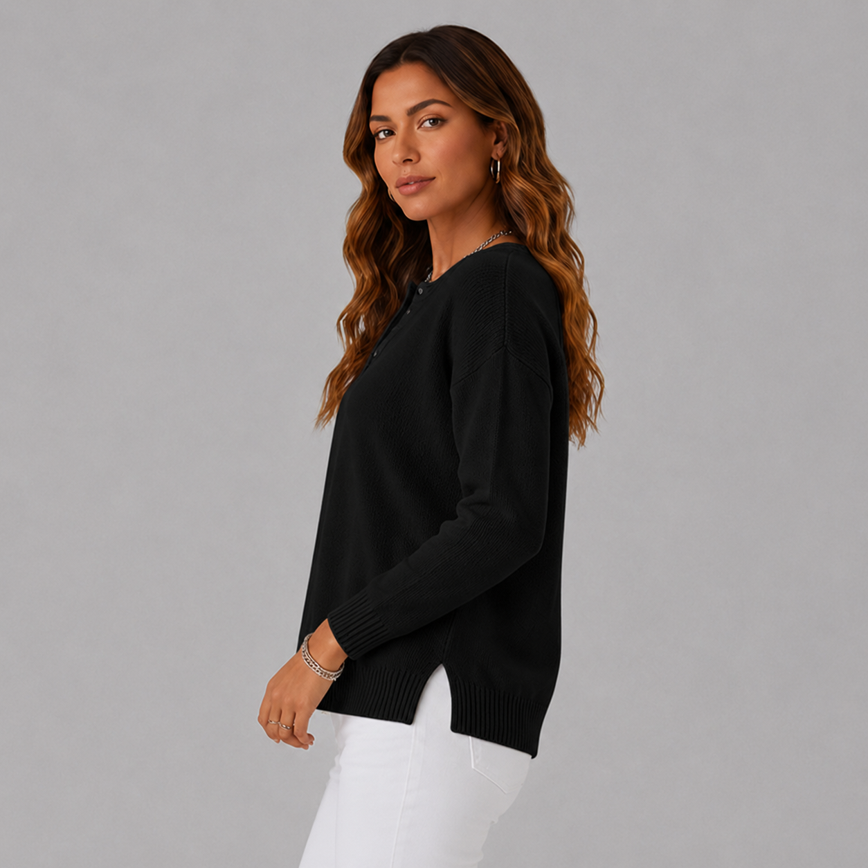 Dames strickpullover met Henley-knopfausschnitt in verschillende kleuren. 8