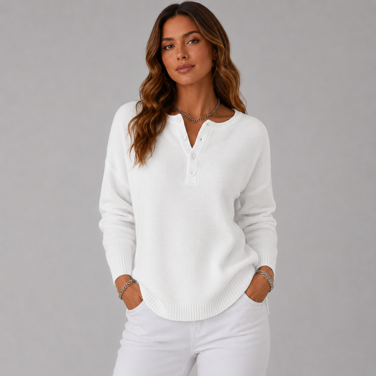 Dames strickpullover met Henley-knopfausschnitt in verschillende kleuren. 9