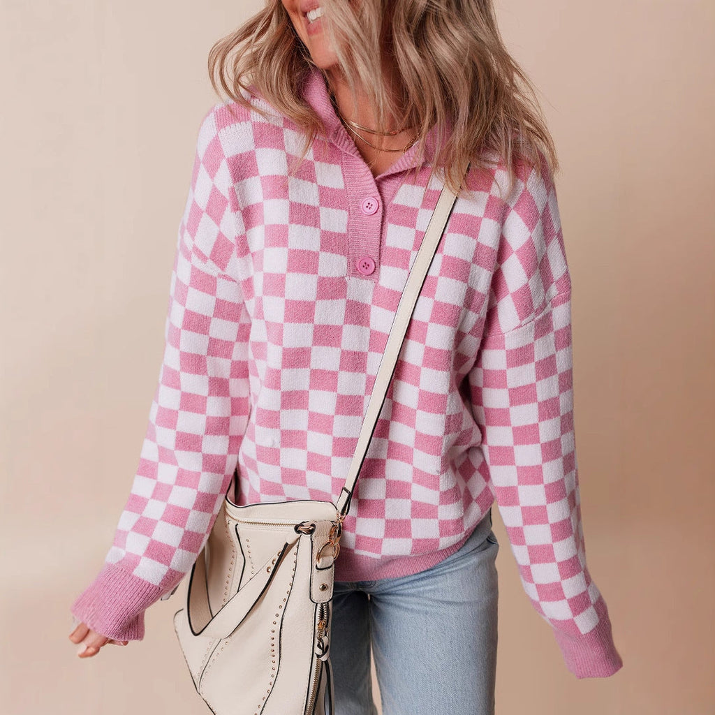 Elegante dames strickpullover met kragen en knopfdetail.
