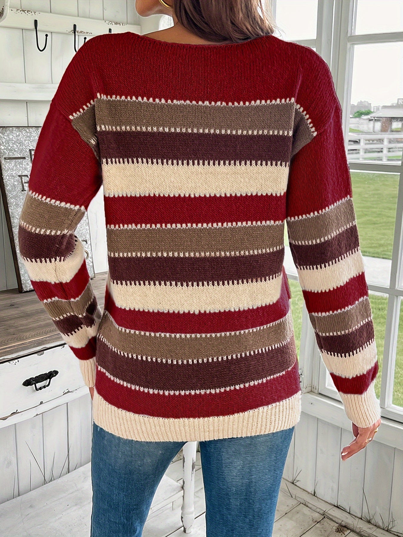 Comfortabele dames strickpullover met ronde hals in blauw en grijs. 5