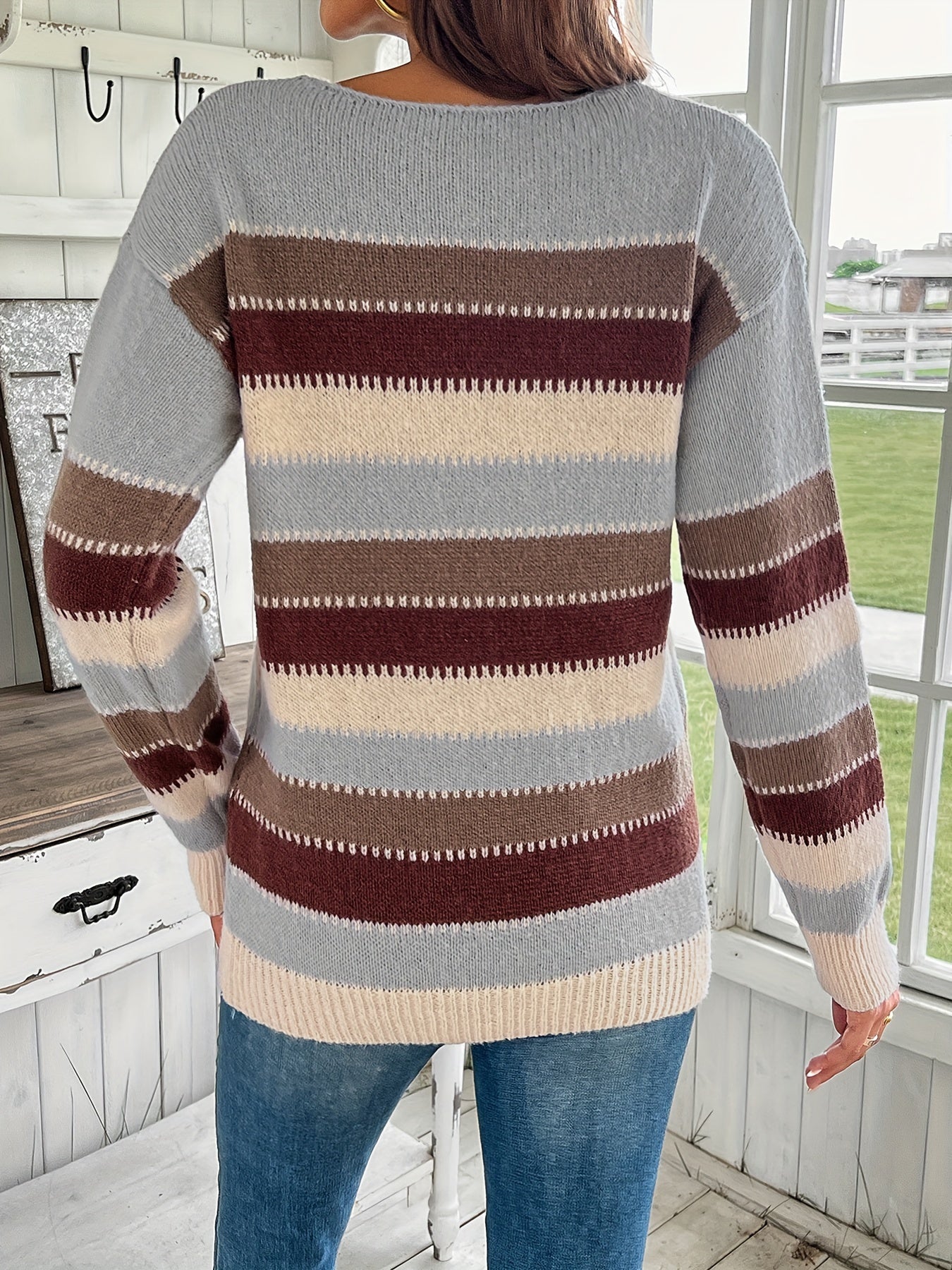 Comfortabele dames strickpullover met ronde hals in blauw en grijs. 6