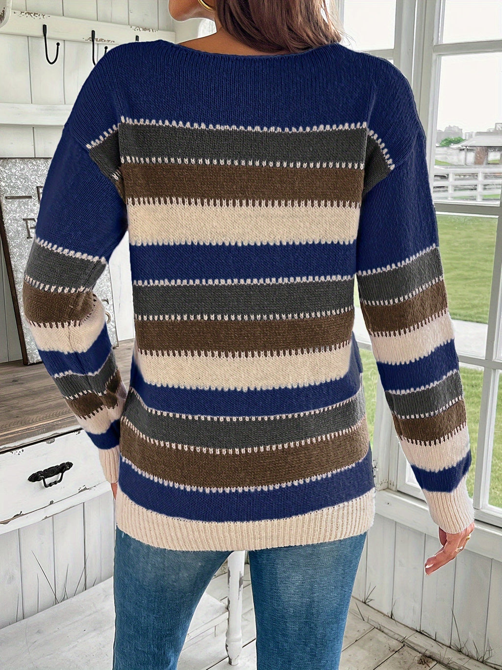 Comfortabele dames strickpullover met ronde hals in blauw en grijs. 7