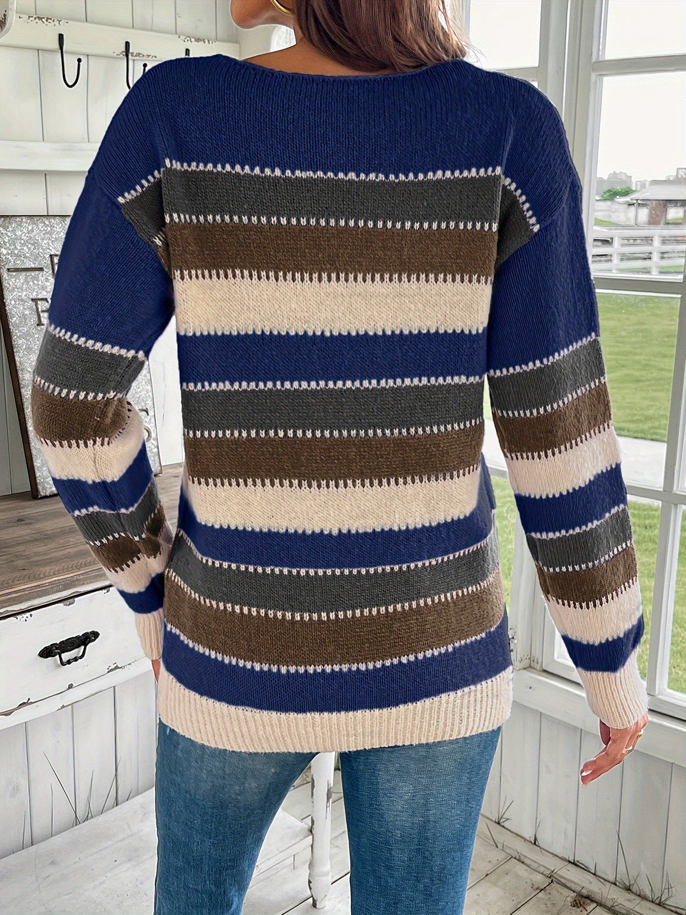 Comfortabele dames strickpullover met ronde hals in blauw en grijs. 7