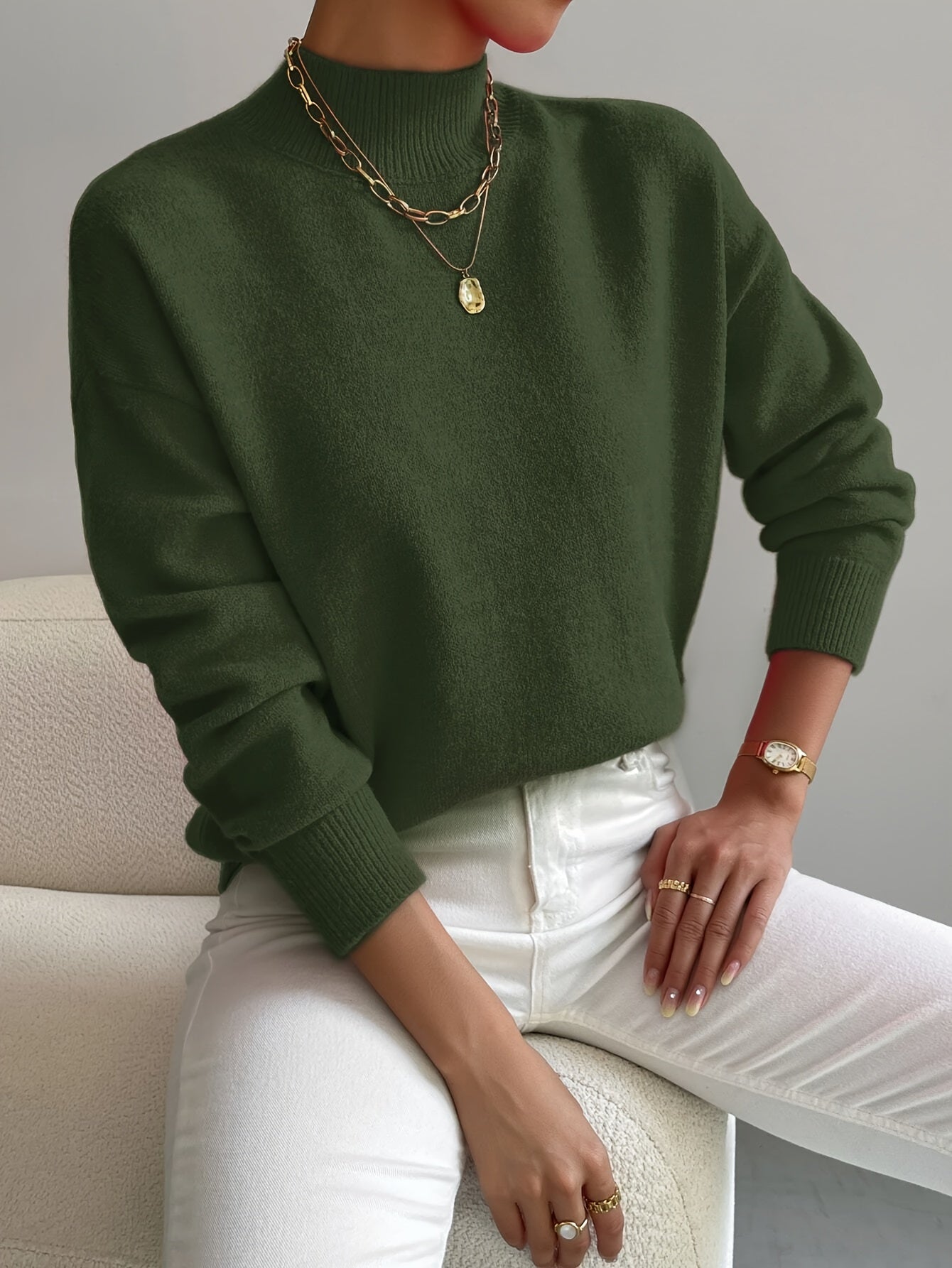 Dames strickpullover met staande kraag in verschillende kleuren. 8