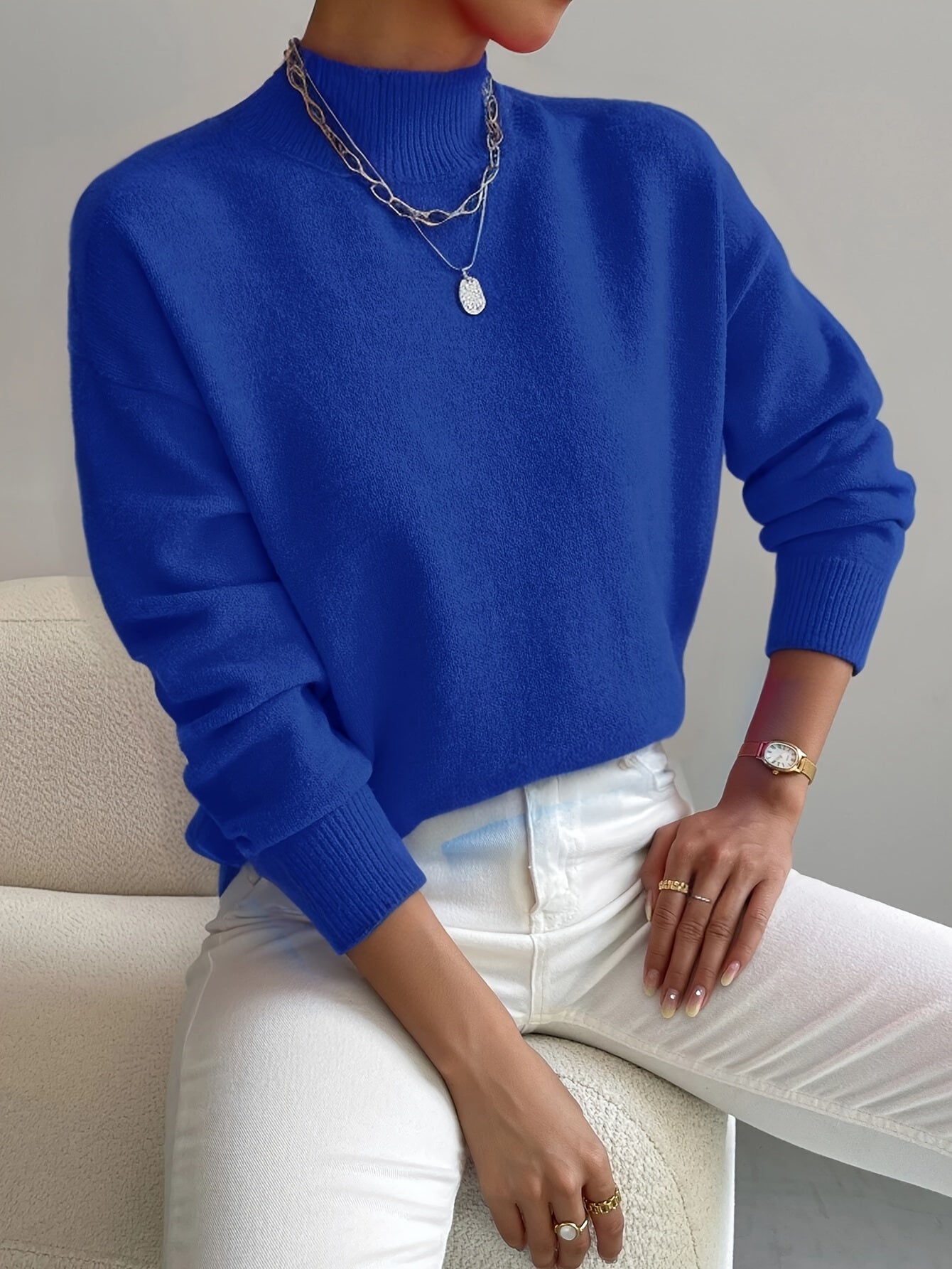 Dames strickpullover met staande kraag in verschillende kleuren. 9