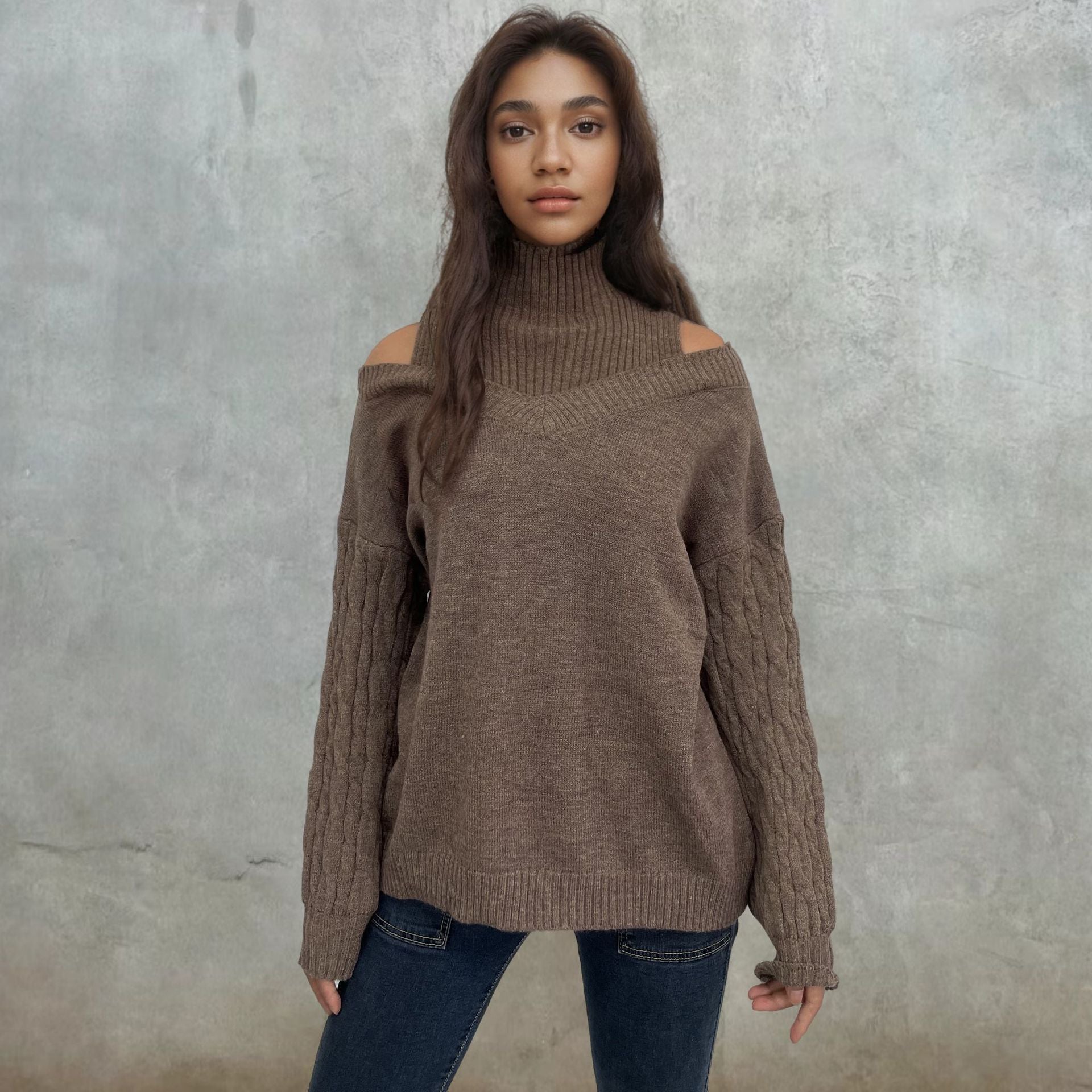 Elegante schulterfreie damestrickpullover met Zopfmuster afbeelding 2
