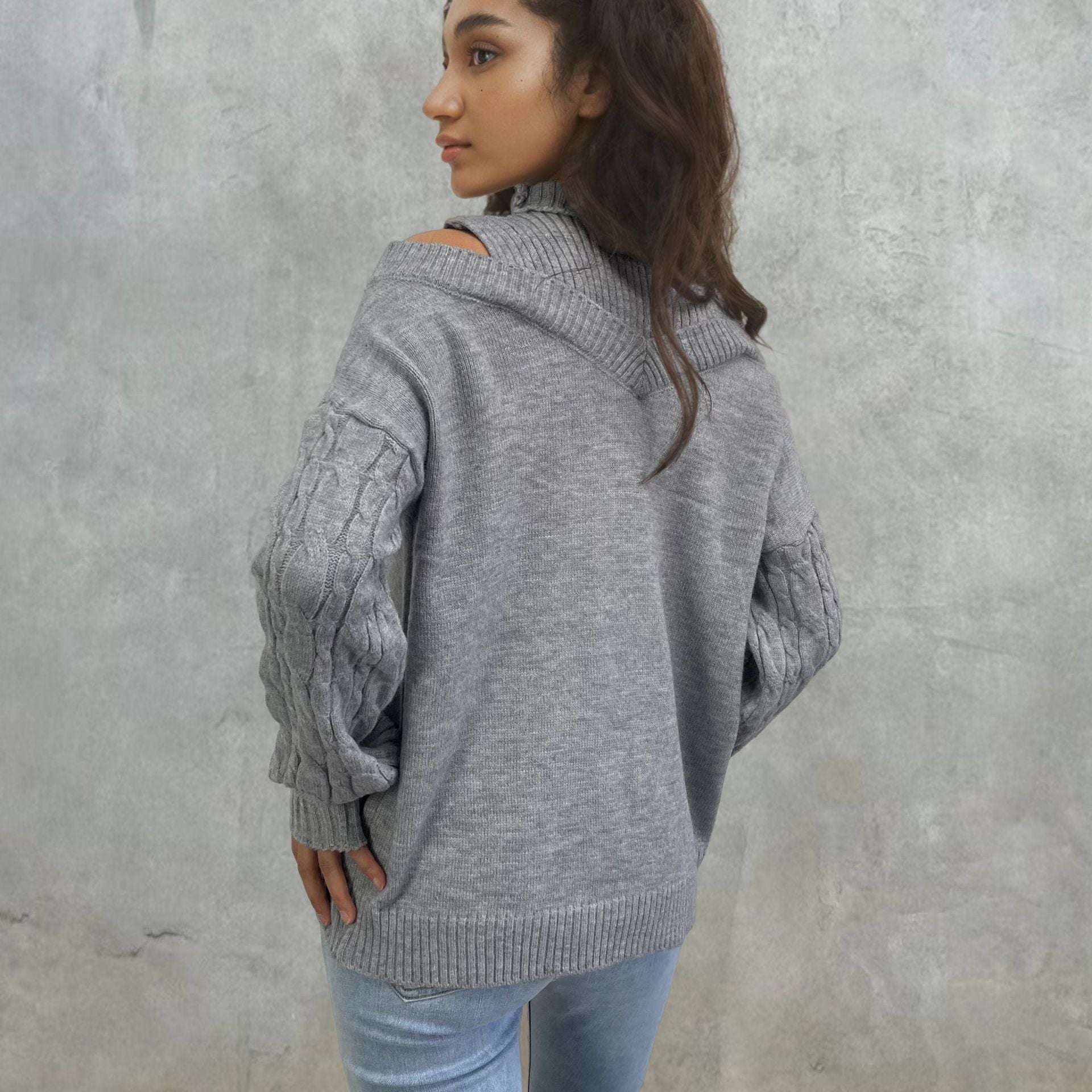 Elegante schulterfreie damestrickpullover met Zopfmuster afbeelding 3