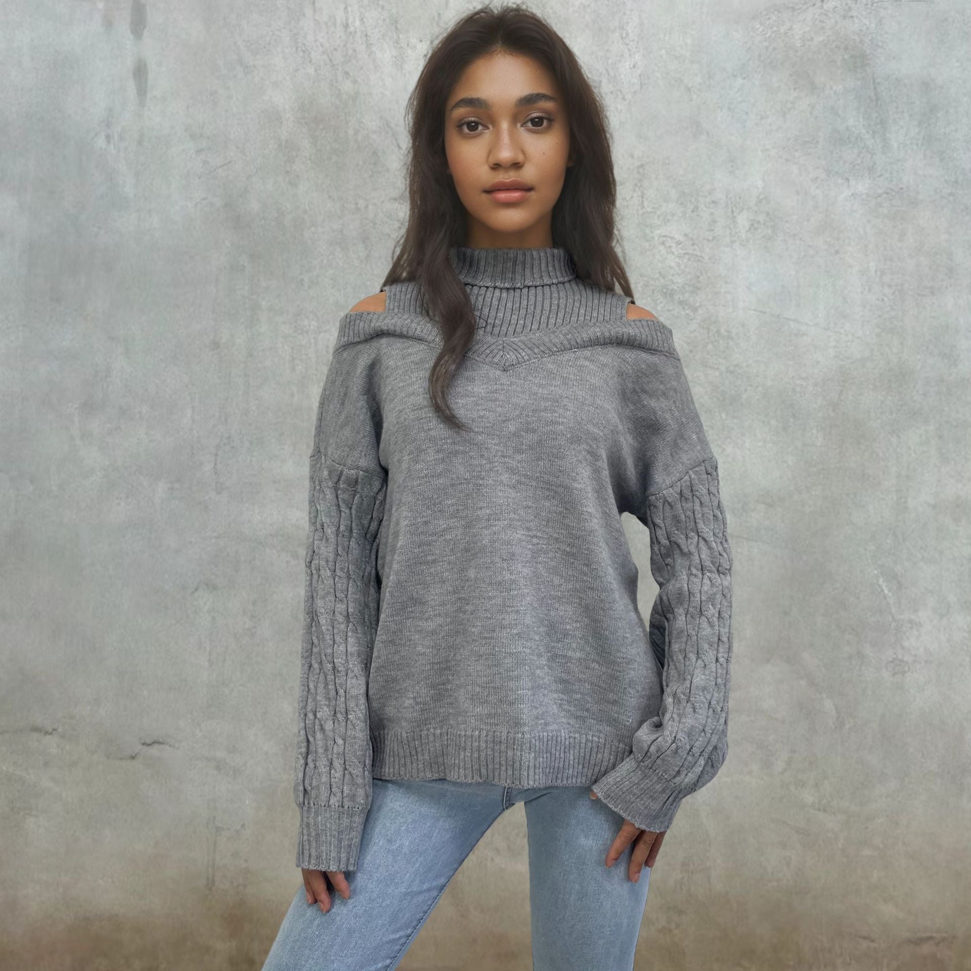 Elegante schulterfreie damestrickpullover met Zopfmuster afbeelding 4