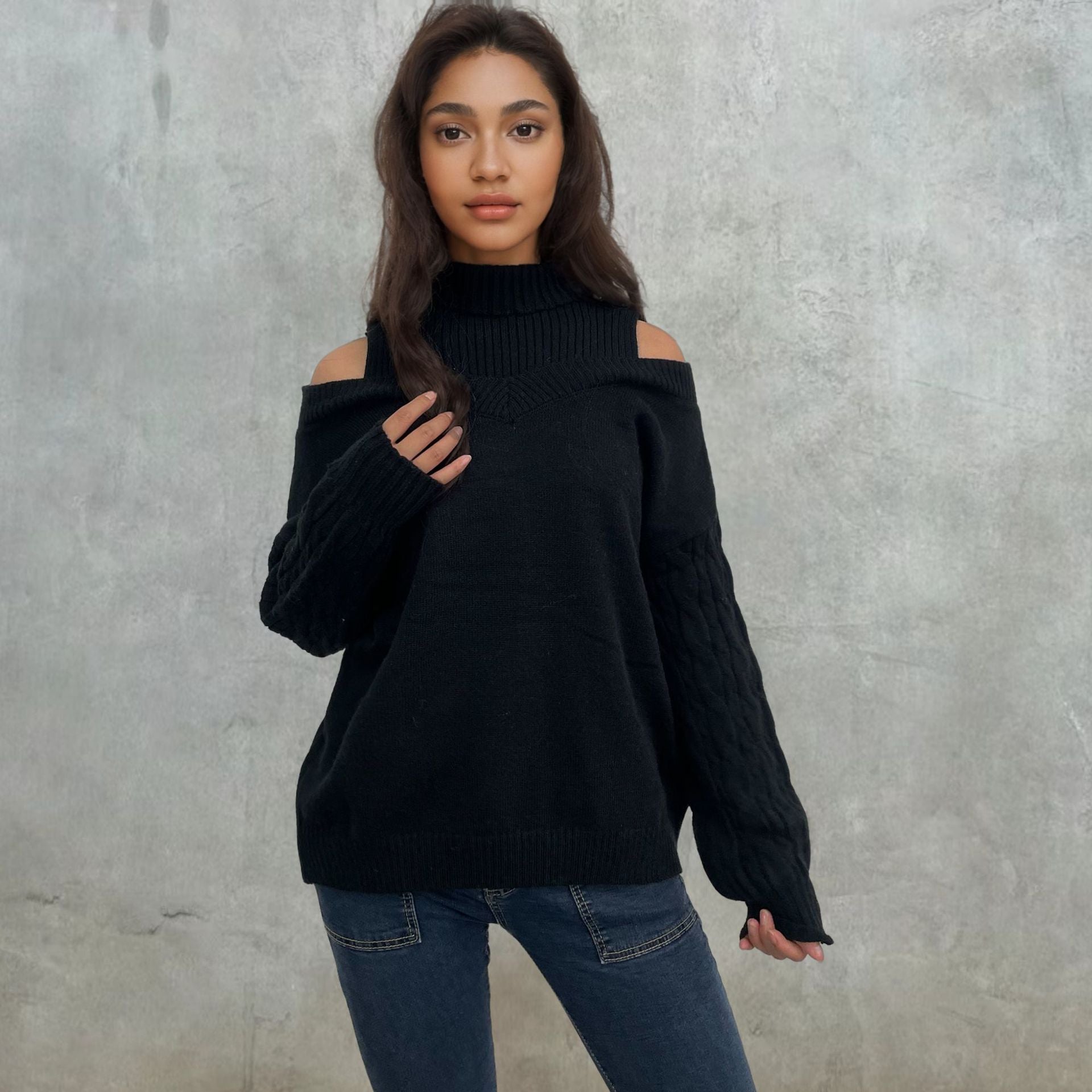 Elegante schulterfreie damestrickpullover met Zopfmuster afbeelding 5