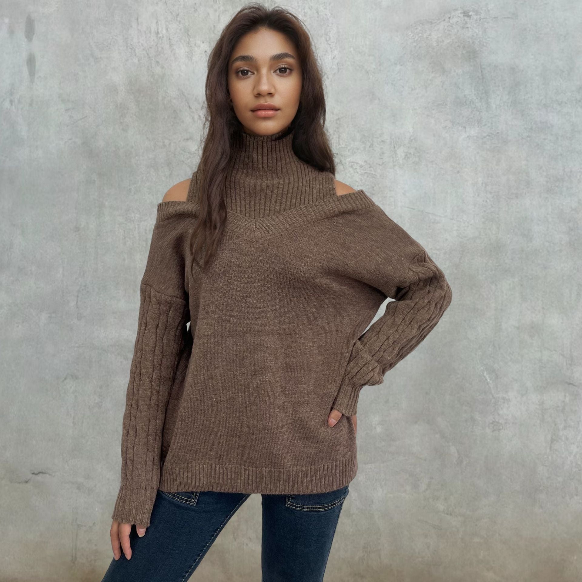 Elegante schulterfreie damestrickpullover met Zopfmuster afbeelding 6