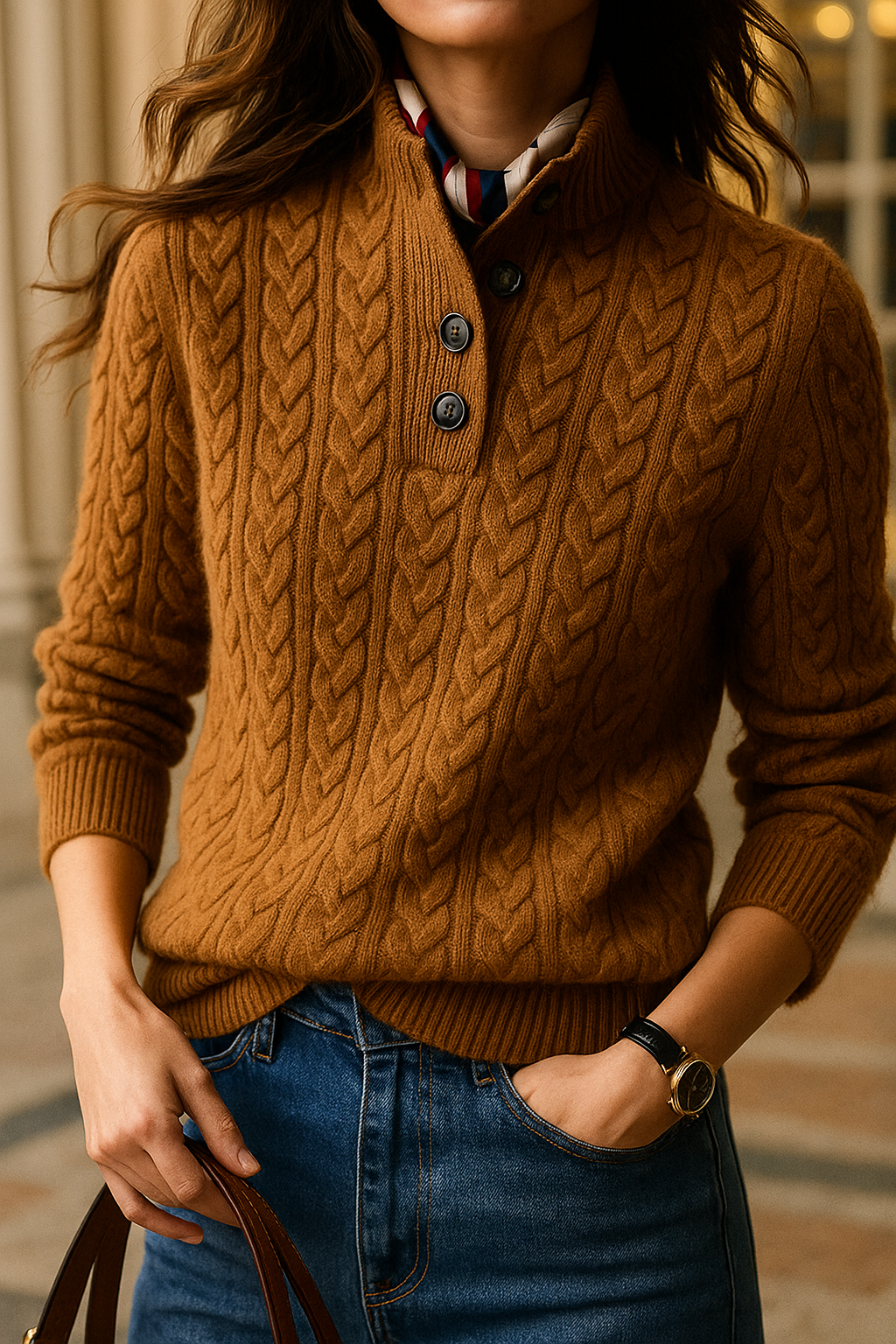 Dames Zopfstrickpullover met Knopfkragen uit zacht materiaal Elegant