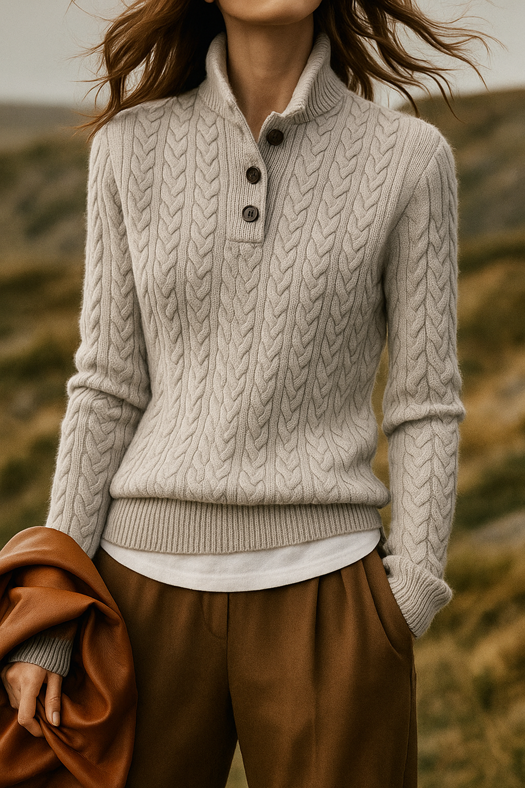 Dames Zopfstrickpullover met Knopfkragen uit zacht materiaal Elegant 3