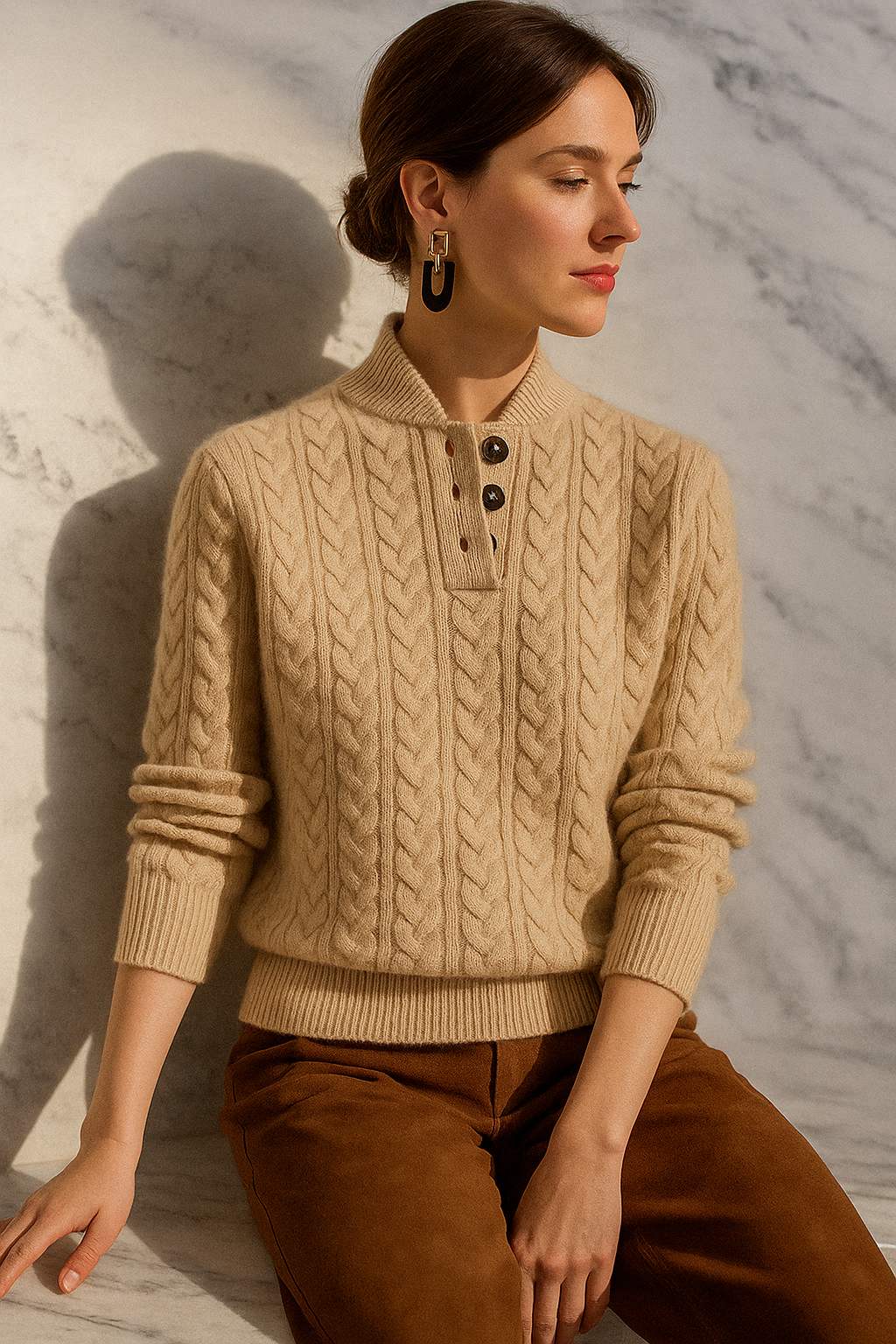 Dames Zopfstrickpullover met Knopfkragen uit zacht materiaal Elegant 4
