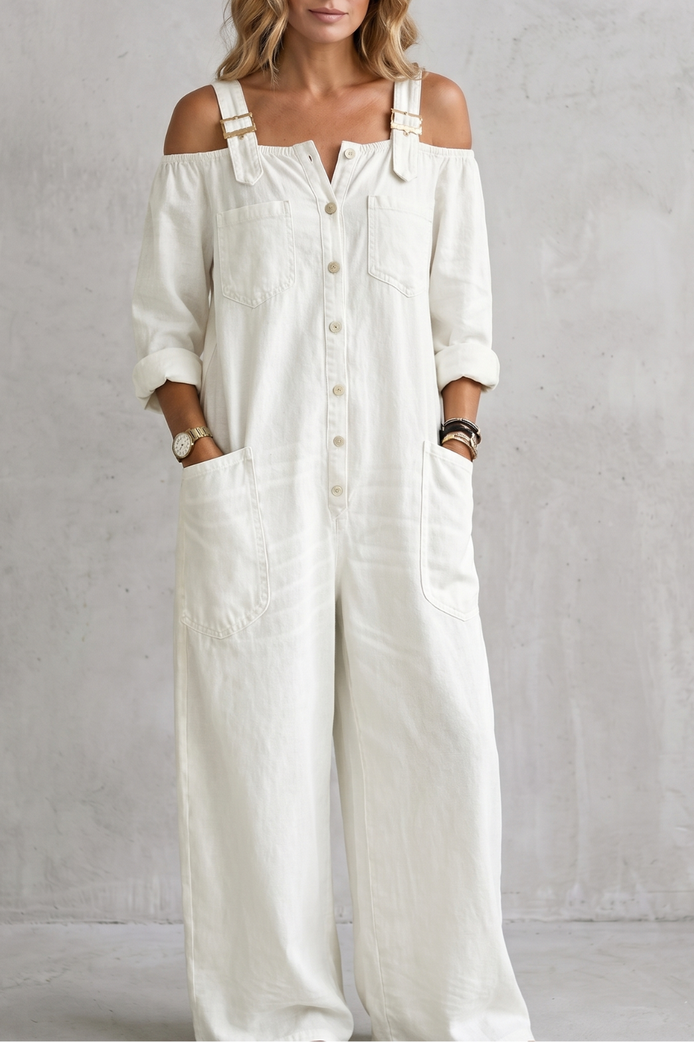 Off-shoulder wijde-pijpen overalls voor dames in casual stijl. 10