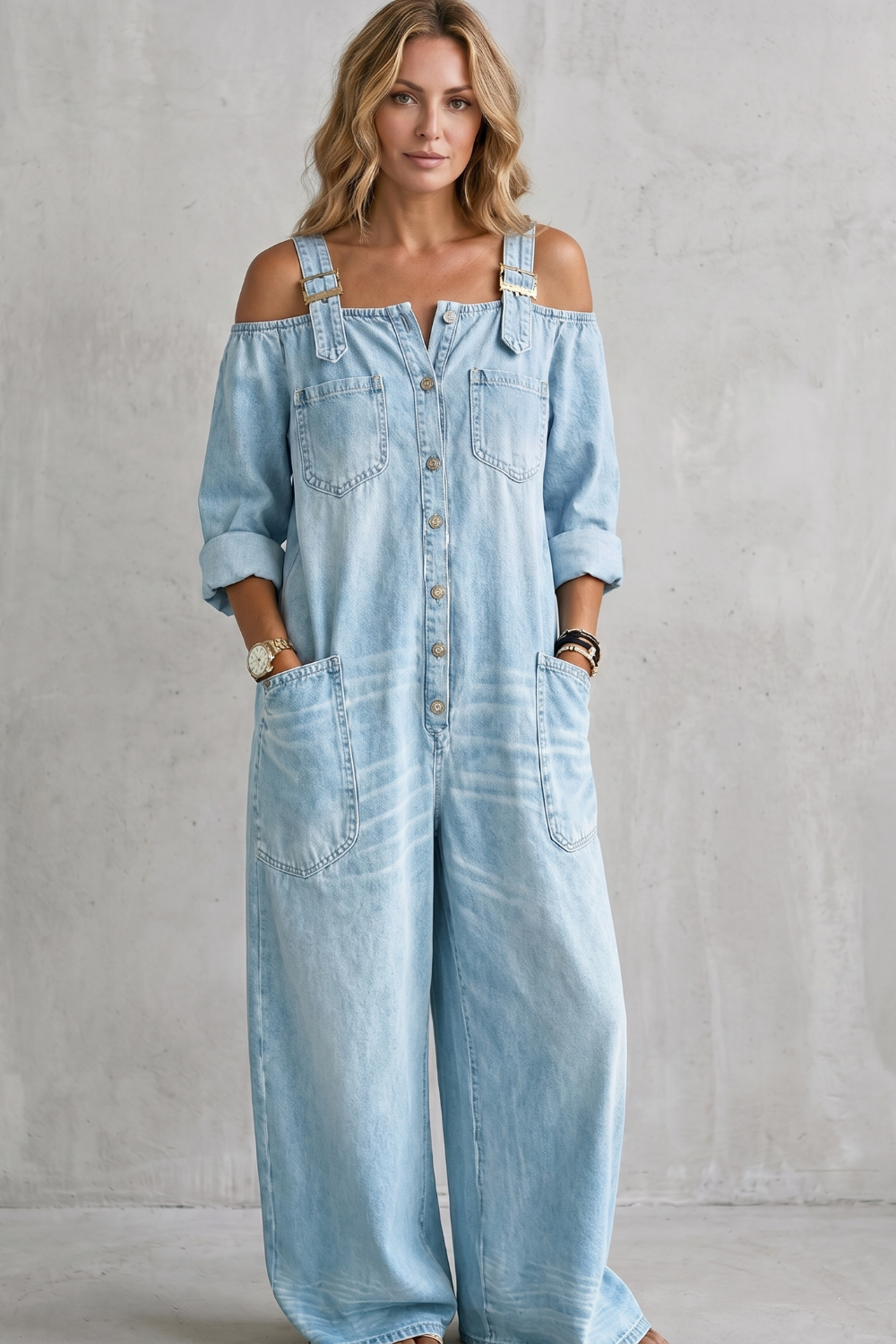 Off-shoulder wijde-pijpen overalls voor dames in casual stijl. 11