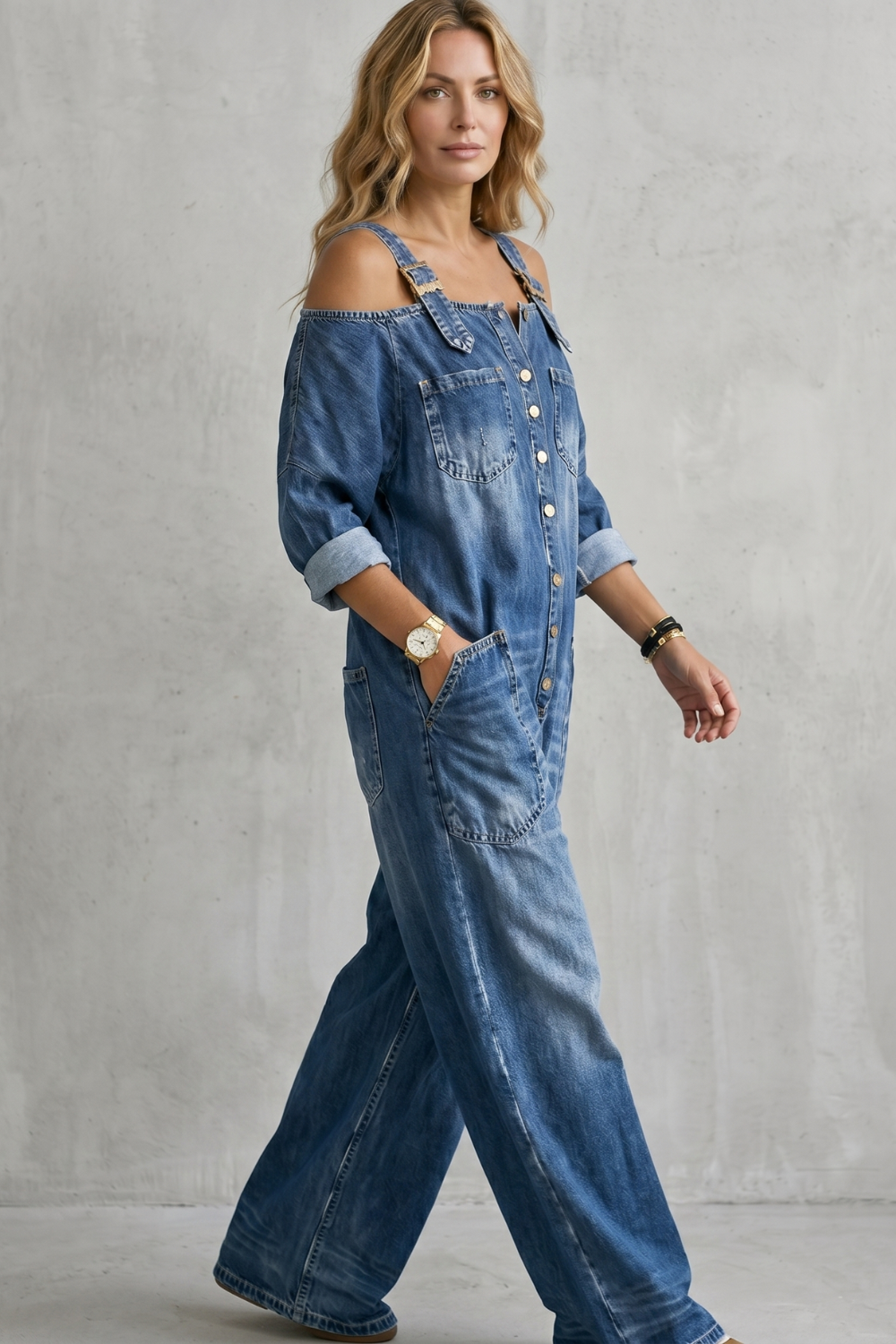 Off-shoulder wijde-pijpen overalls voor dames in casual stijl. 3