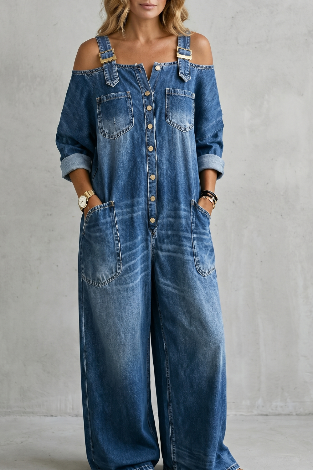 Off-shoulder wijde-pijpen overalls voor dames in casual stijl. 4