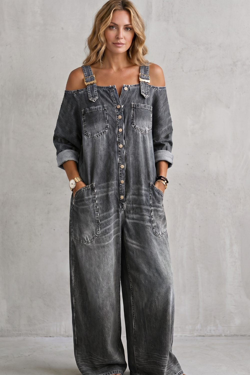 Off-shoulder wijde-pijpen overalls voor dames in casual stijl. 5