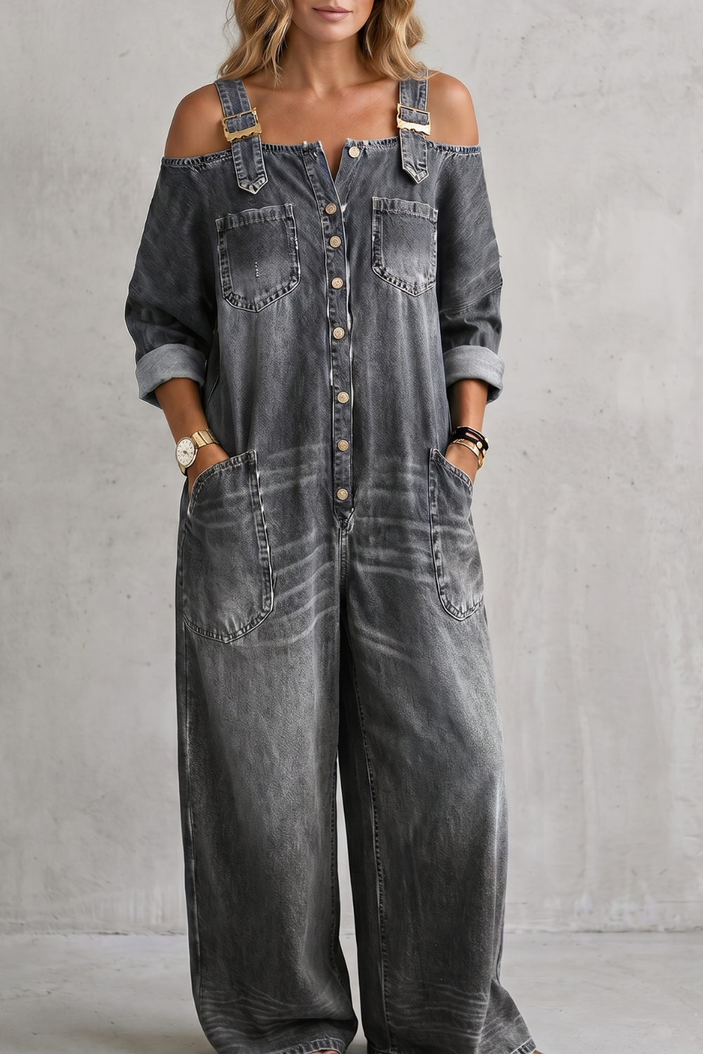 Off-shoulder wijde-pijpen overalls voor dames in casual stijl. 6