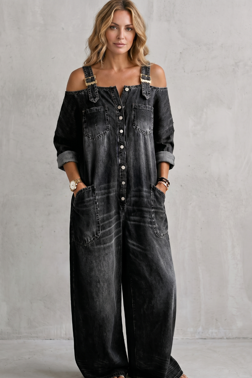 Off-shoulder wijde-pijpen overalls voor dames in casual stijl. 7