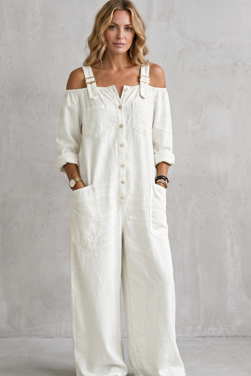 Off-shoulder wijde-pijpen overalls voor dames in casual stijl. 9