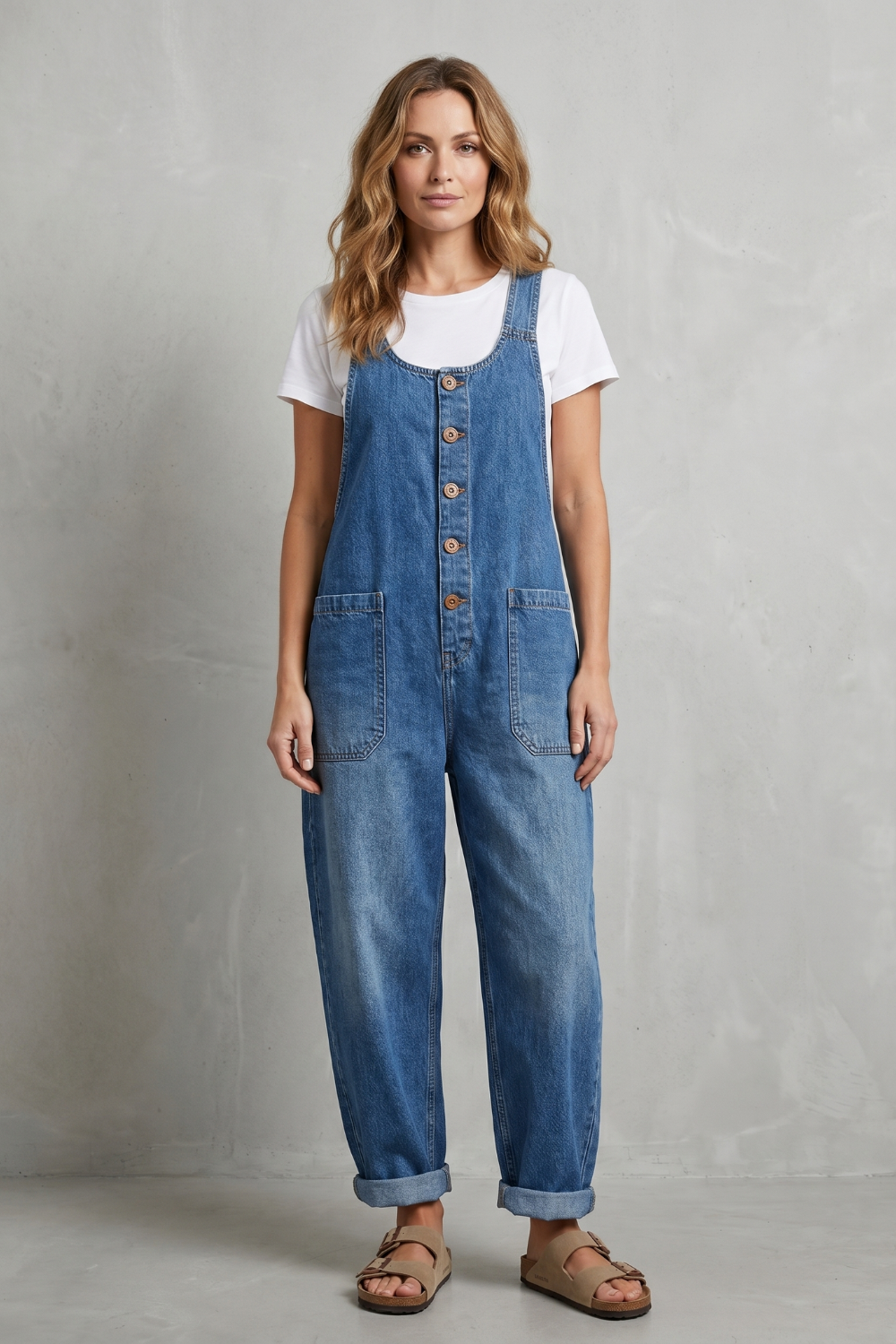 Denovia vintage-wash wijde-pijp denim overalls voor dames.