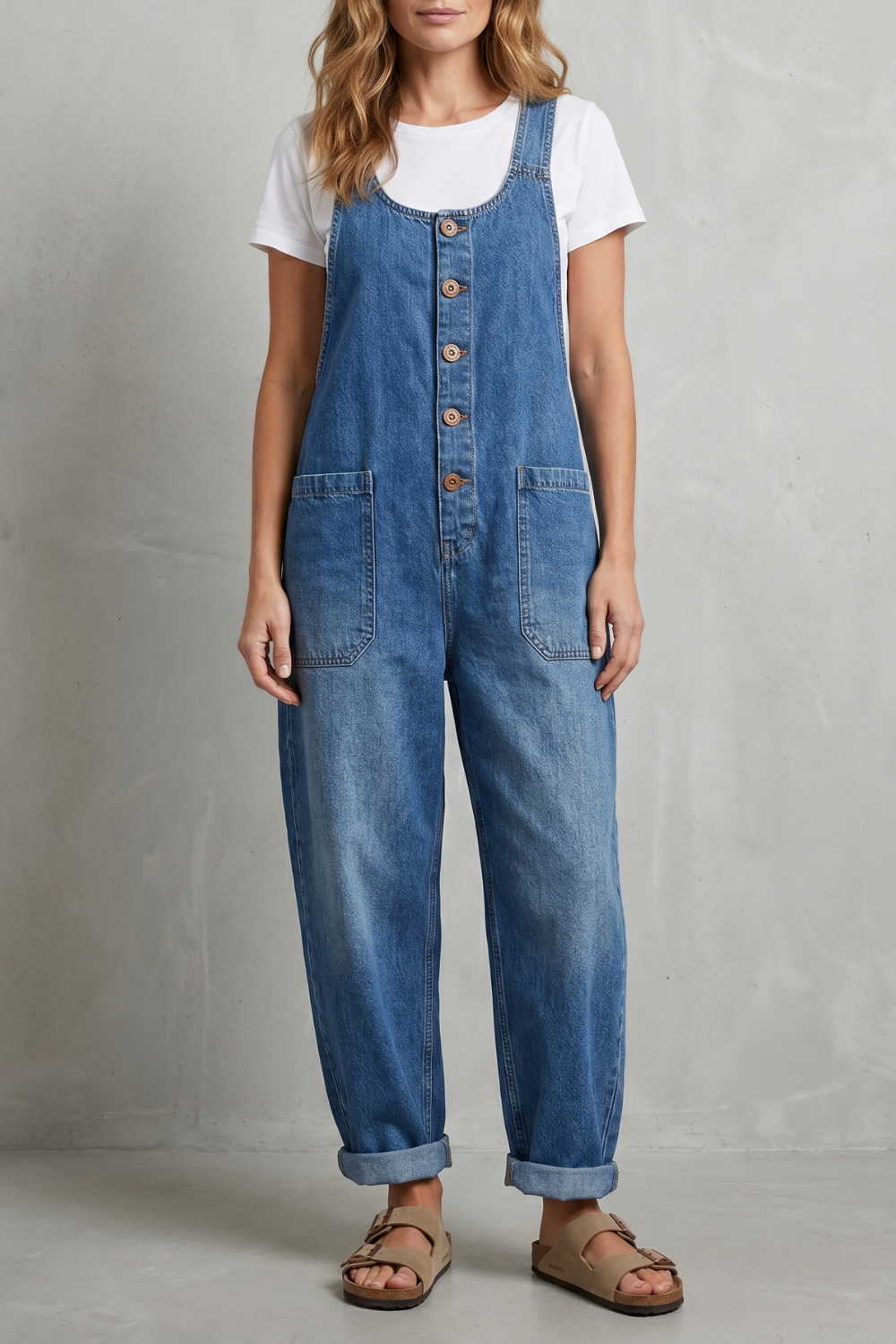 Denovia vintage-wash wijde-pijp denim overalls voor dames. 4