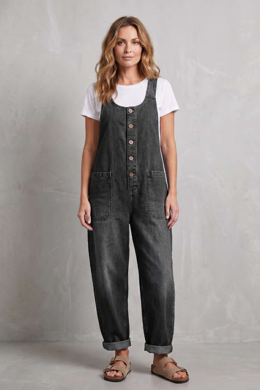 Denovia vintage-wash wijde-pijp denim overalls voor dames. 5