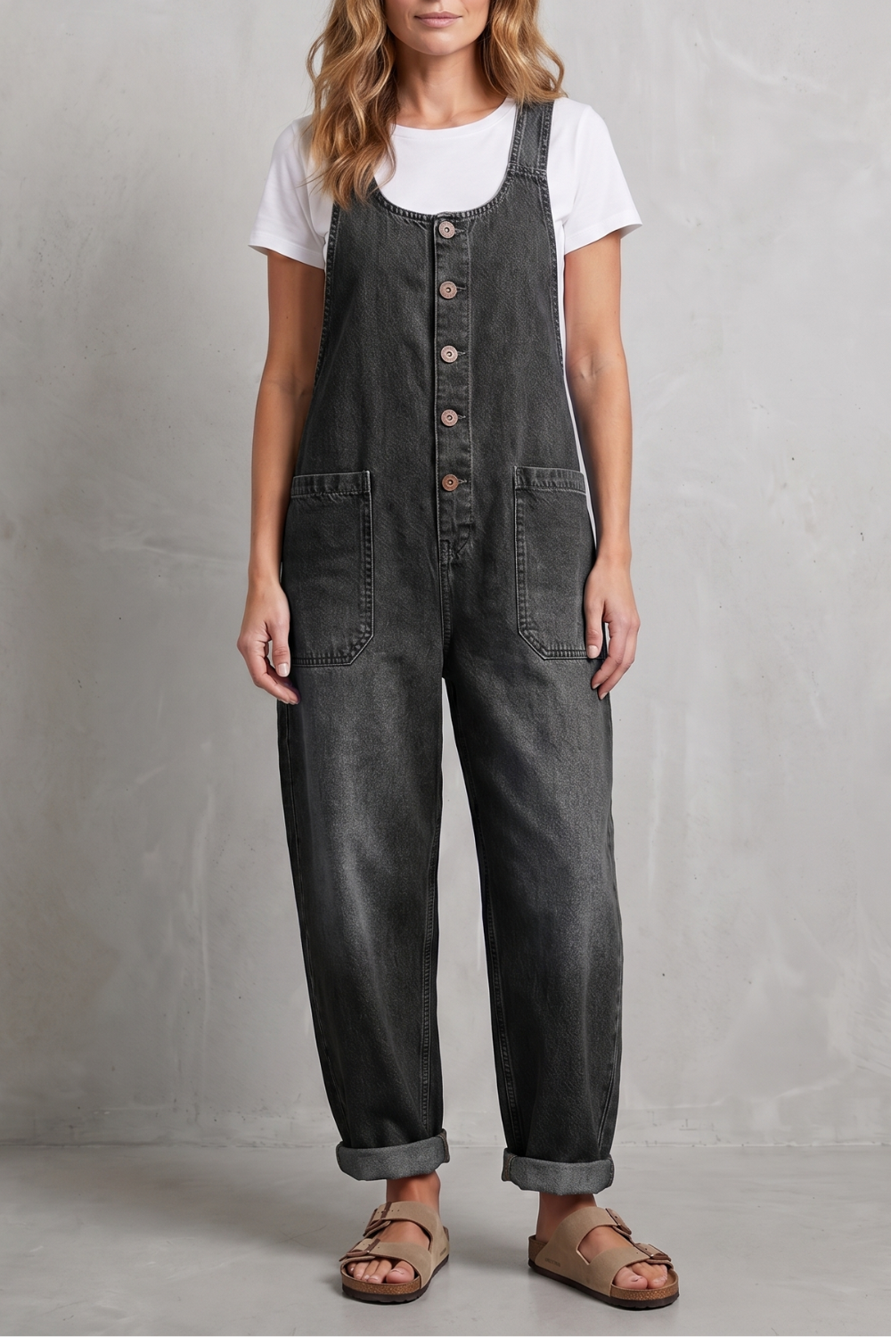 Denovia vintage-wash wijde-pijp denim overalls voor dames. 6