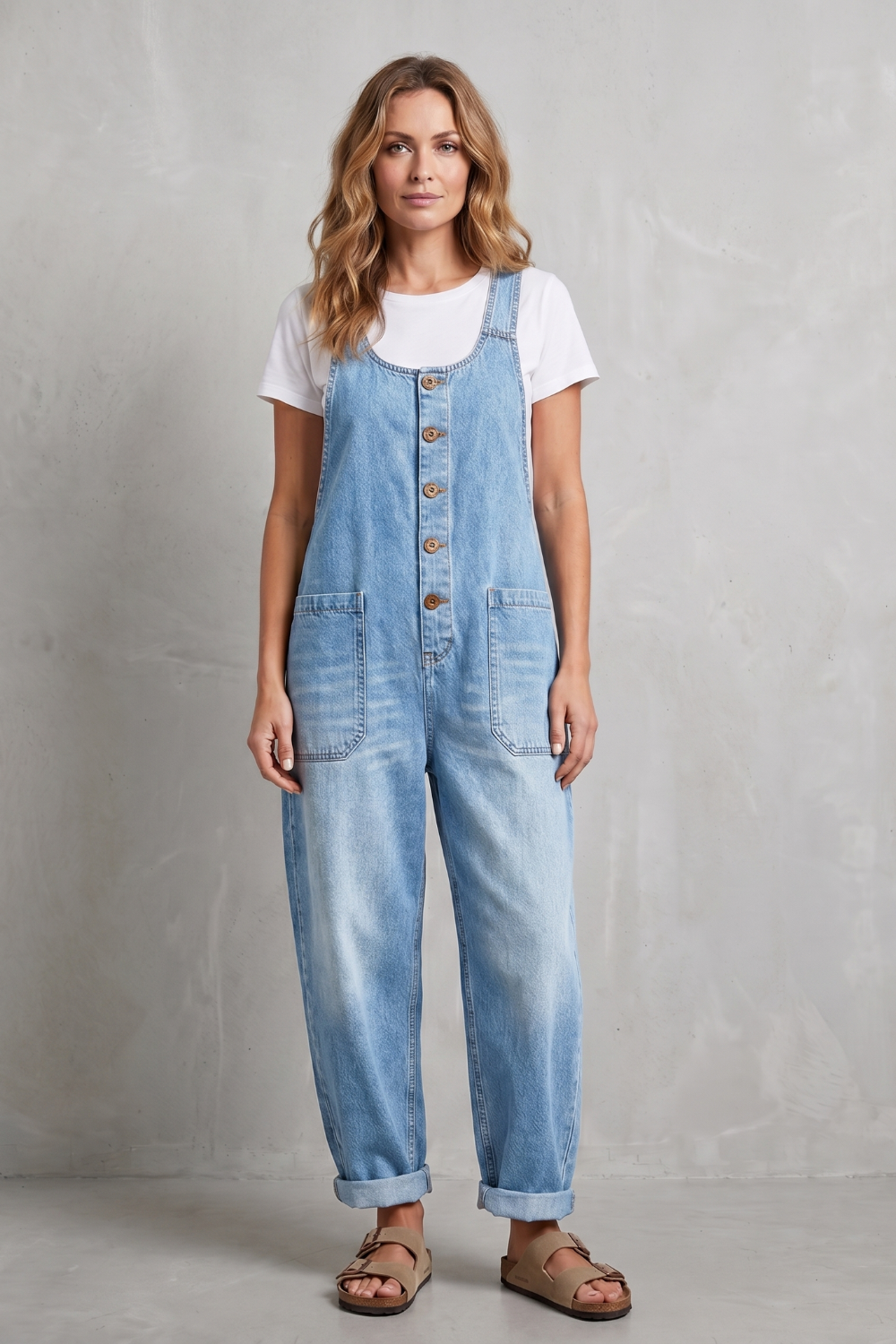 Denovia vintage-wash wijde-pijp denim overalls voor dames. 7
