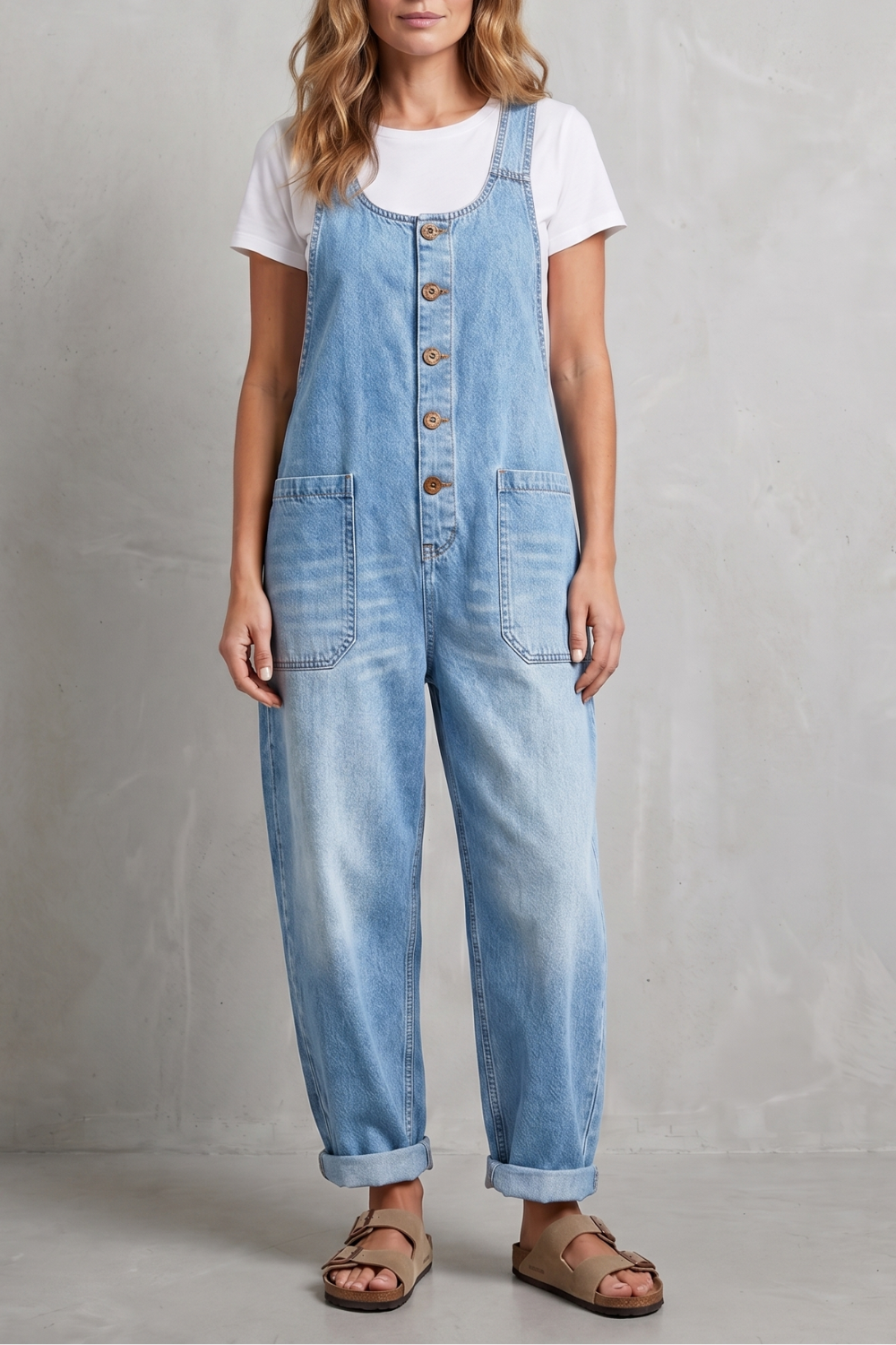 Denovia vintage-wash wijde-pijp denim overalls voor dames. 8