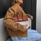 Handtas met canvas en leren details in verschillende kleuren 9