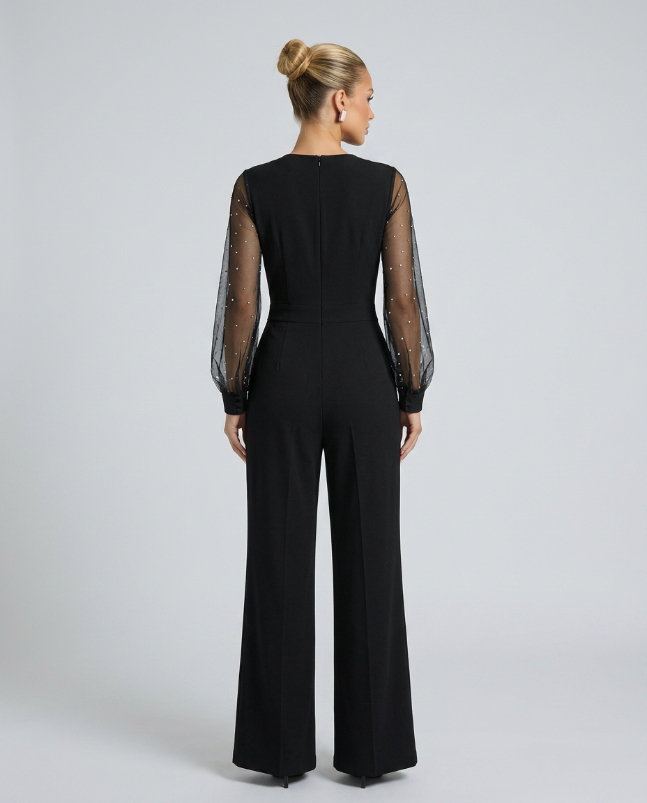 Ellen jumpsuit met pailletten en mesh mouwen voor speciale gelegenheden. 3