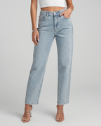 Felicia high-waist jeans met glanzende afwerking in lichtblauw.