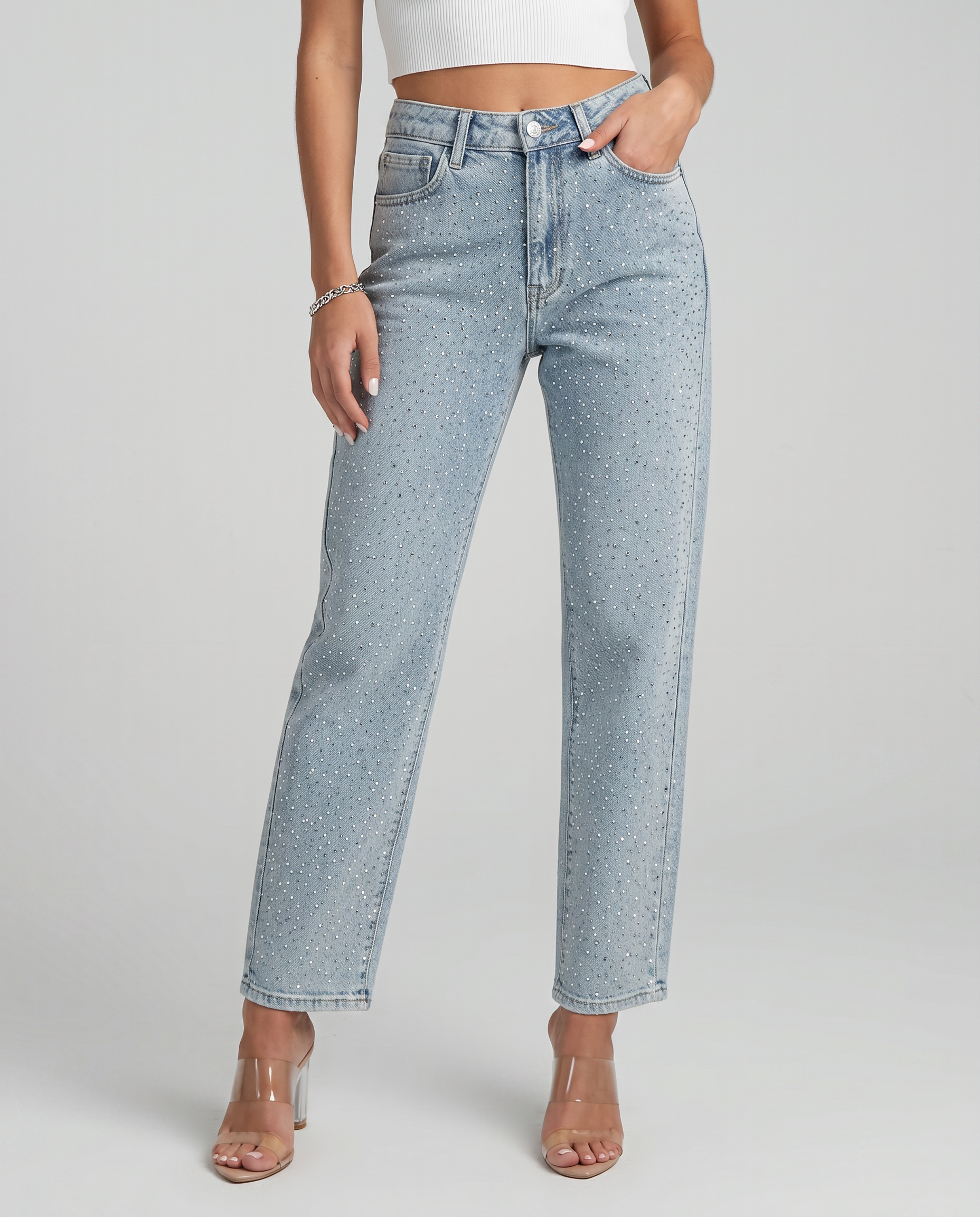Felicia high-waist jeans met glanzende afwerking in lichtblauw.