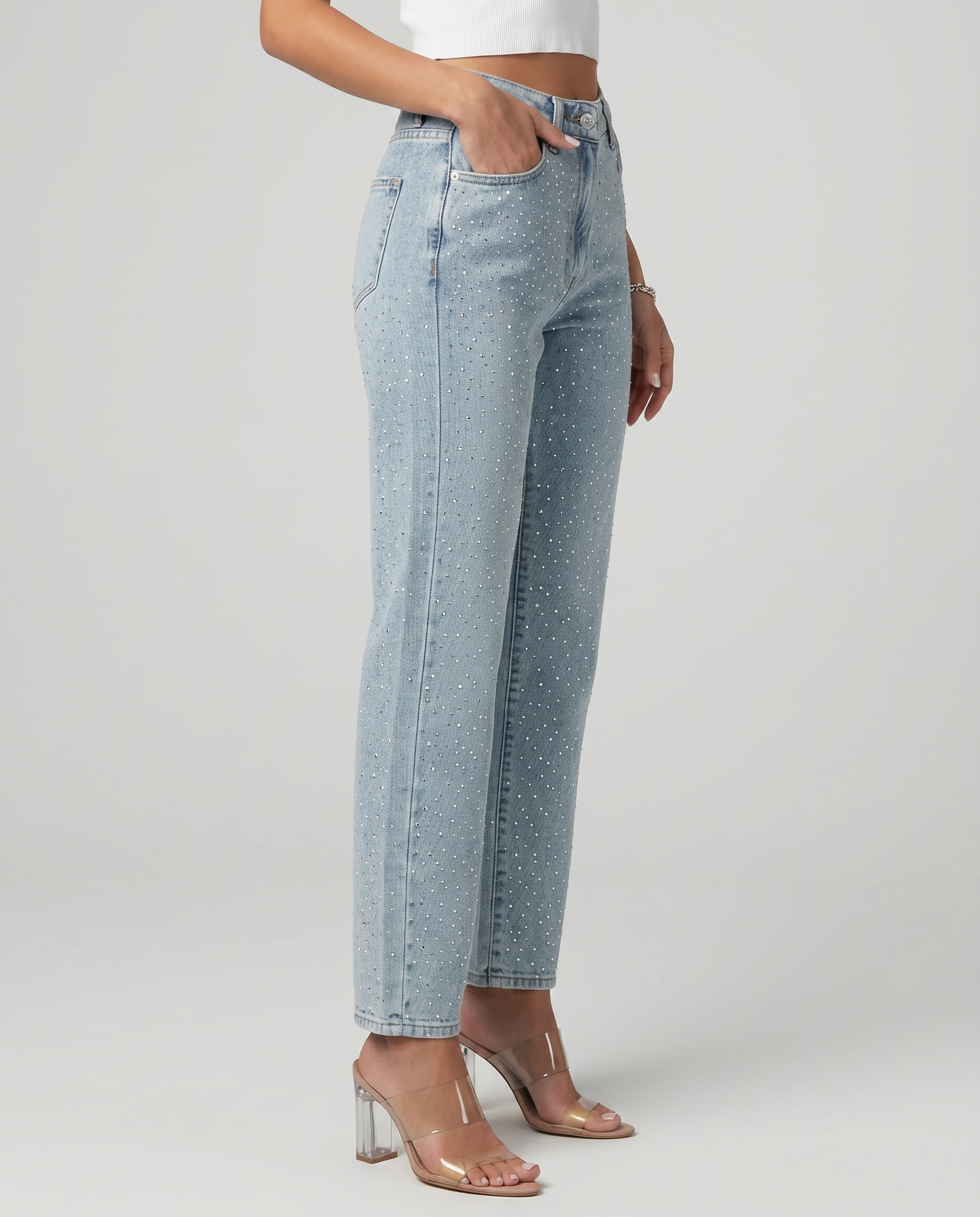 Felicia high-waist jeans met glanzende afwerking in lichtblauw. 3