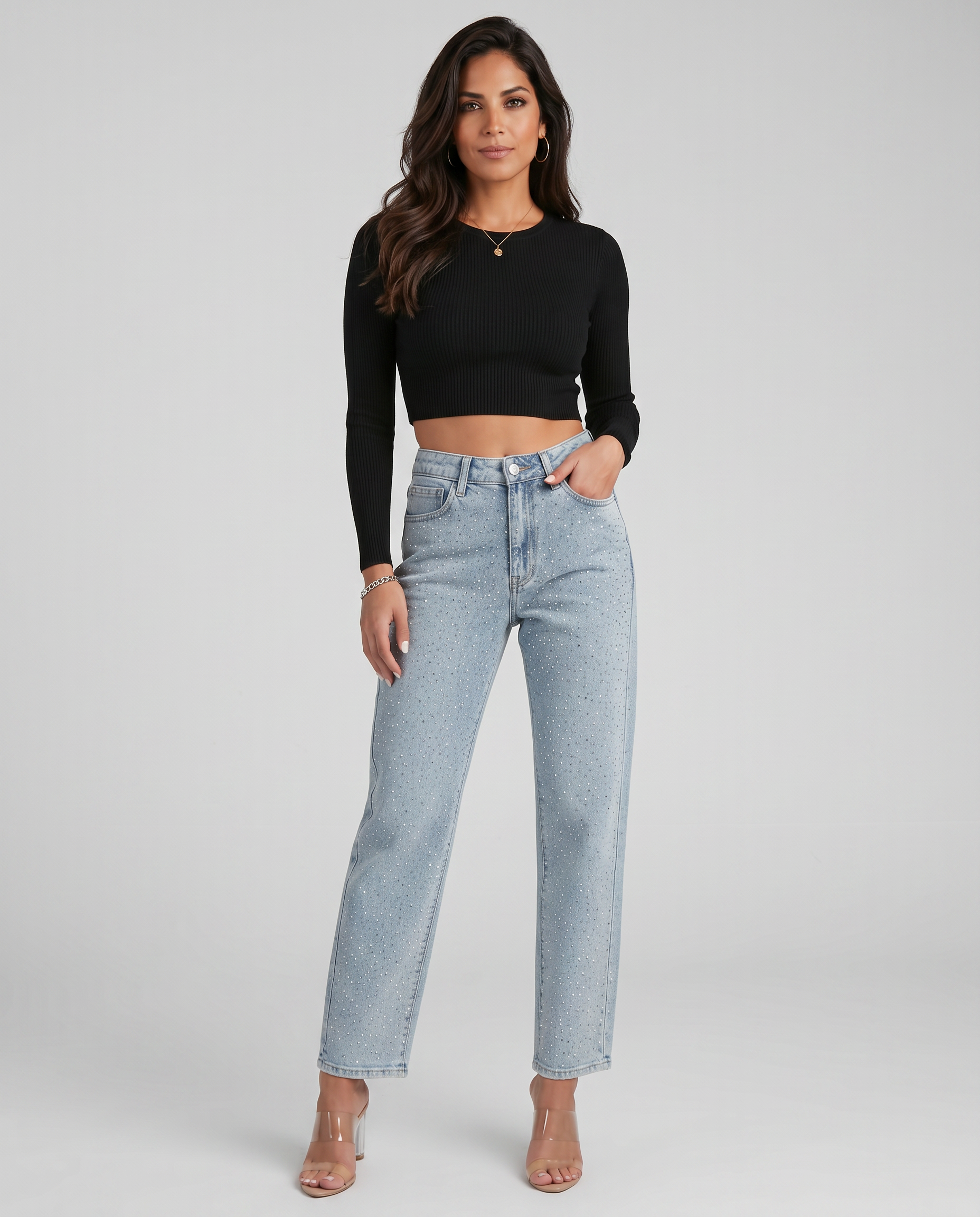 Felicia high-waist jeans met glanzende afwerking in lichtblauw. 4