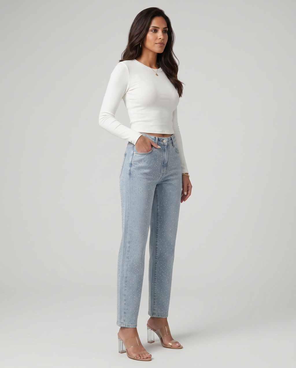 Felicia high-waist jeans met glanzende afwerking in lichtblauw. 6