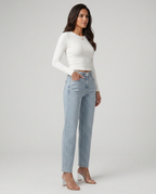 Felicia high-waist jeans met glanzende afwerking in lichtblauw. 6