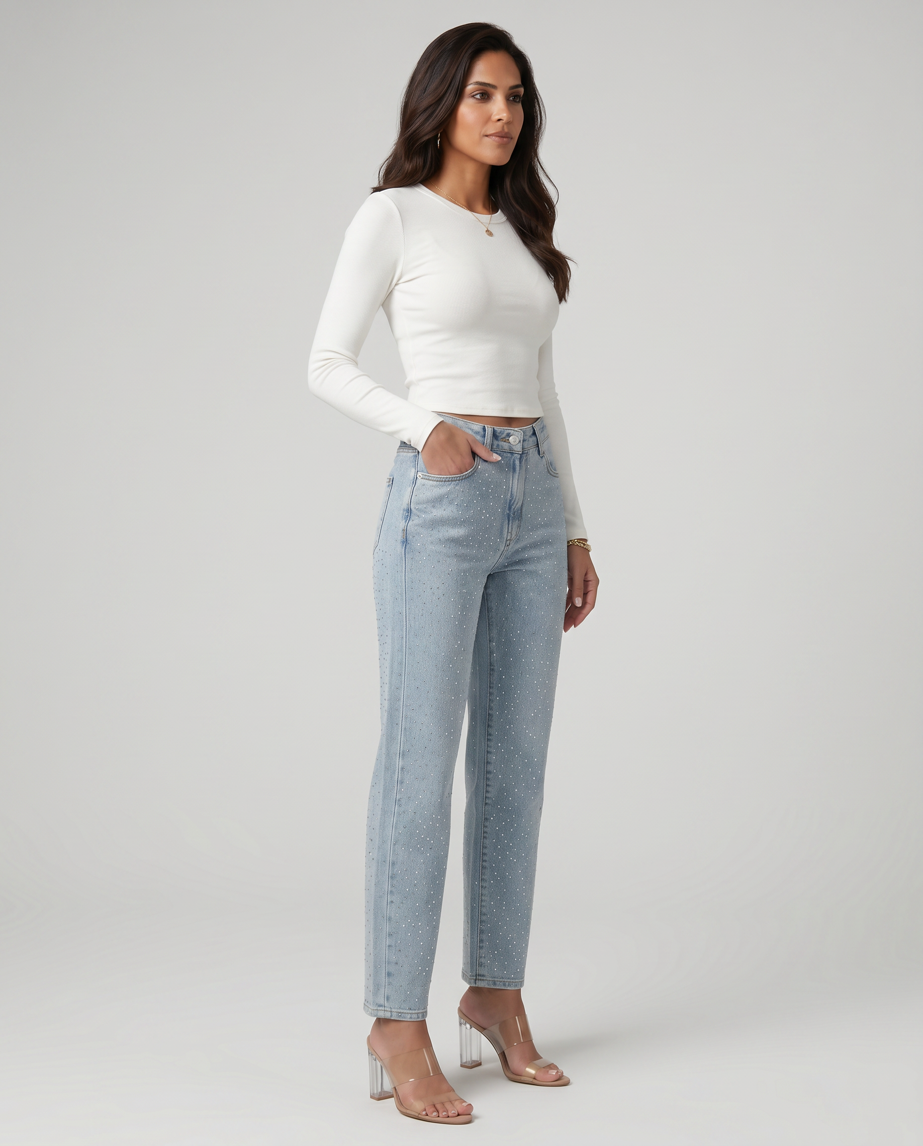 Felicia high-waist jeans met glanzende afwerking in lichtblauw. 6