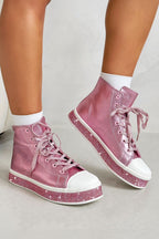 Kristallen Canvas Hoge Sneakers in Roze met glinsterende zool