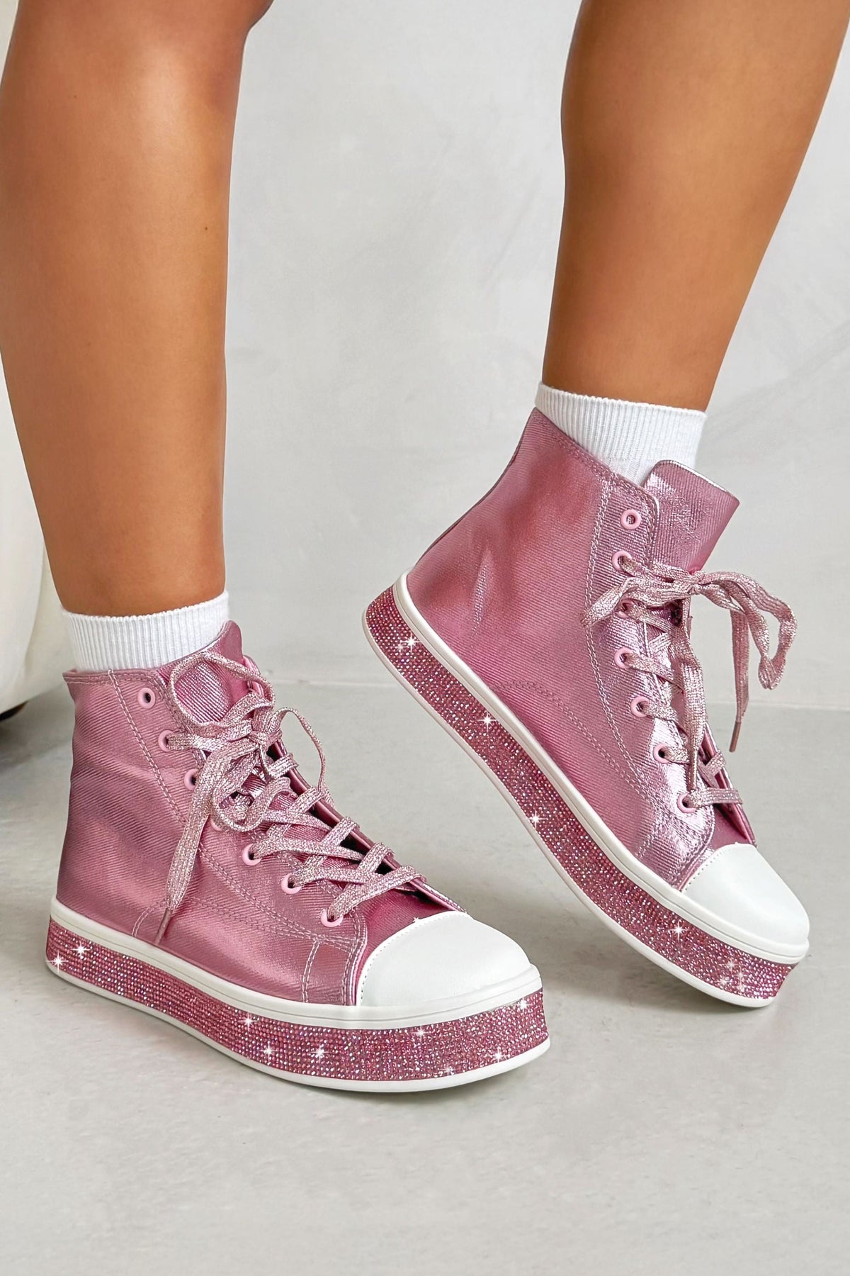 Kristallen Canvas Hoge Sneakers in Roze met glinsterende zool