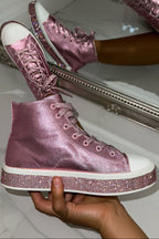 Kristallen Canvas Hoge Sneakers in Roze met glinsterende zool 2