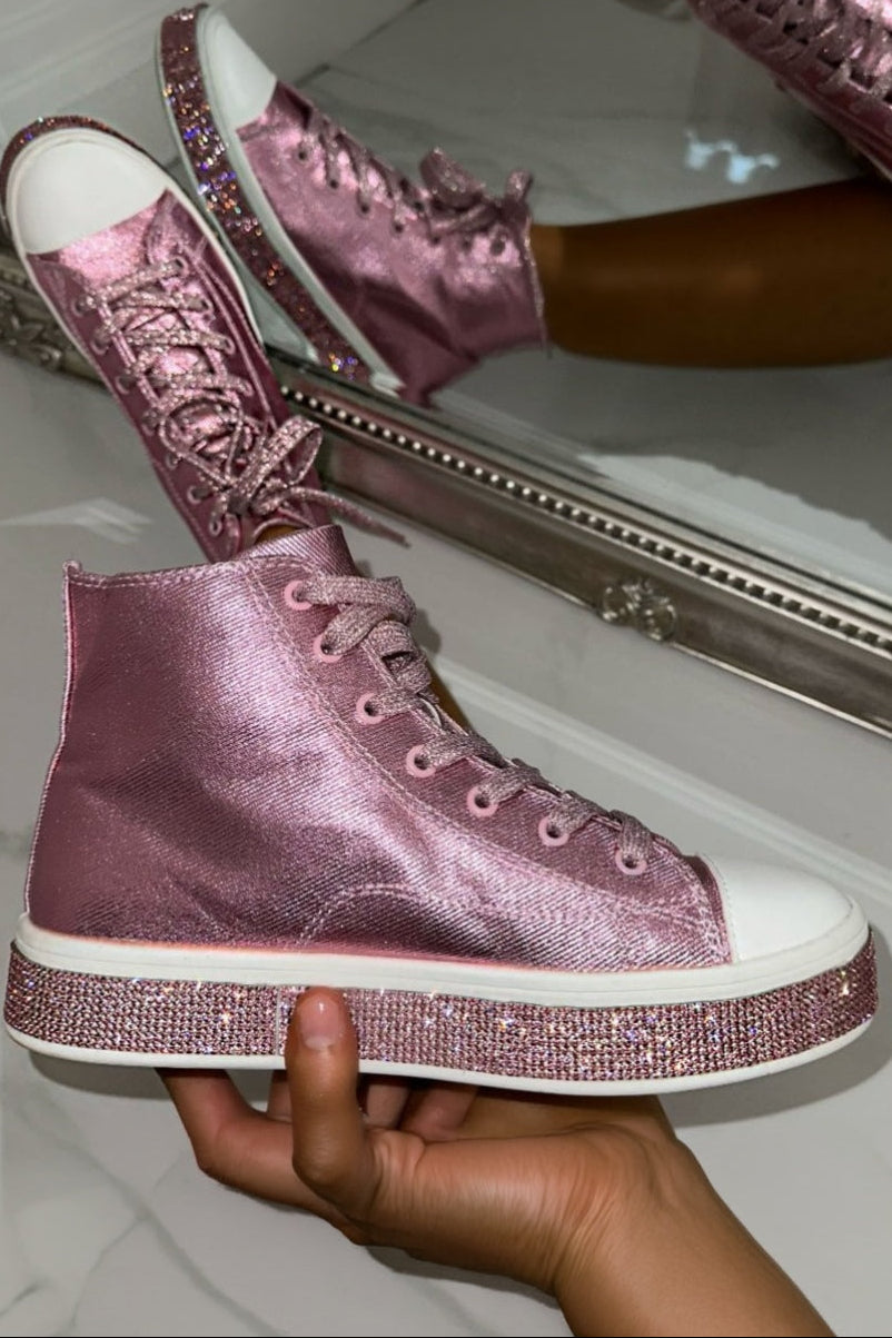 Kristallen Canvas Hoge Sneakers in Roze met glinsterende zool 2