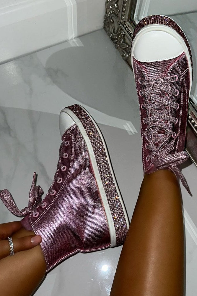 Kristallen Canvas Hoge Sneakers in Roze met glinsterende zool 3