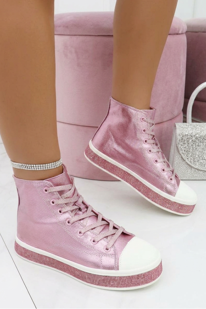 Kristallen Canvas Hoge Sneakers in Roze met glinsterende zool 4