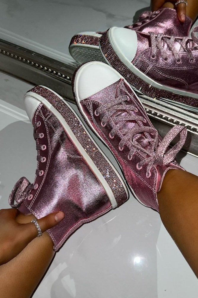 Kristallen Canvas Hoge Sneakers in Roze met glinsterende zool 7